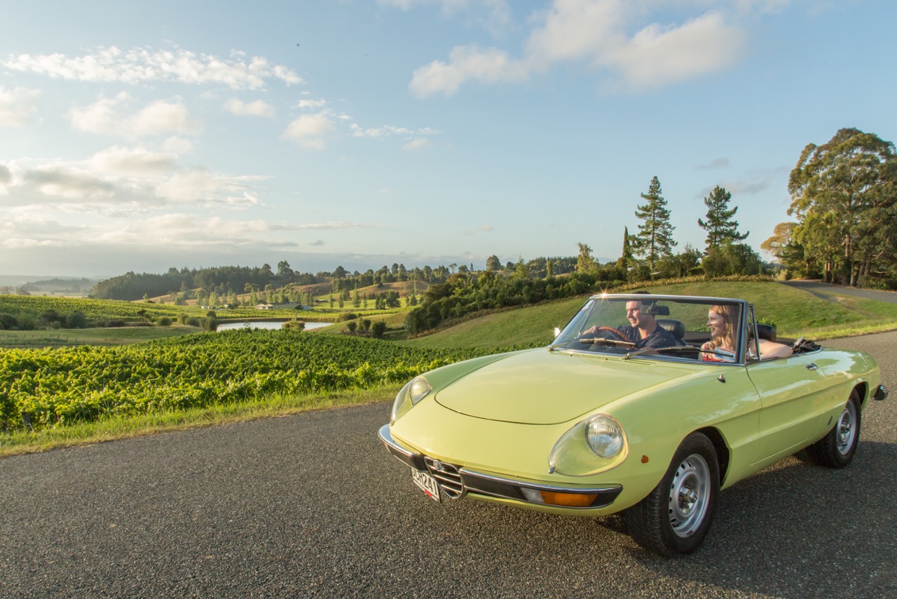 Alfa Spider S2 Rent a classic alfa spider couple overlooking nelson vineyard